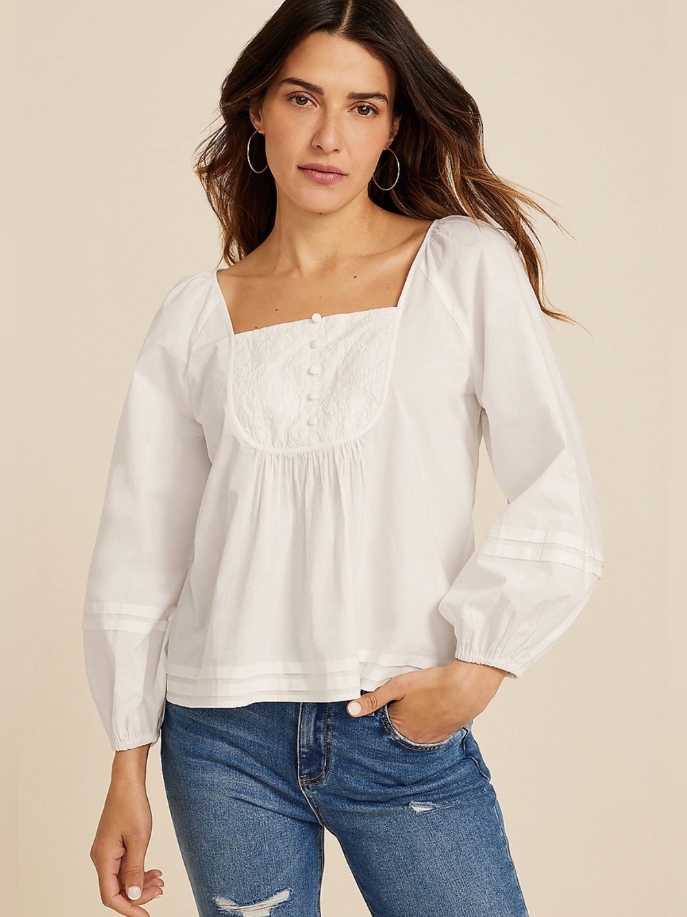 Maurices White Square-Neck Embroidered Peasant Blouse